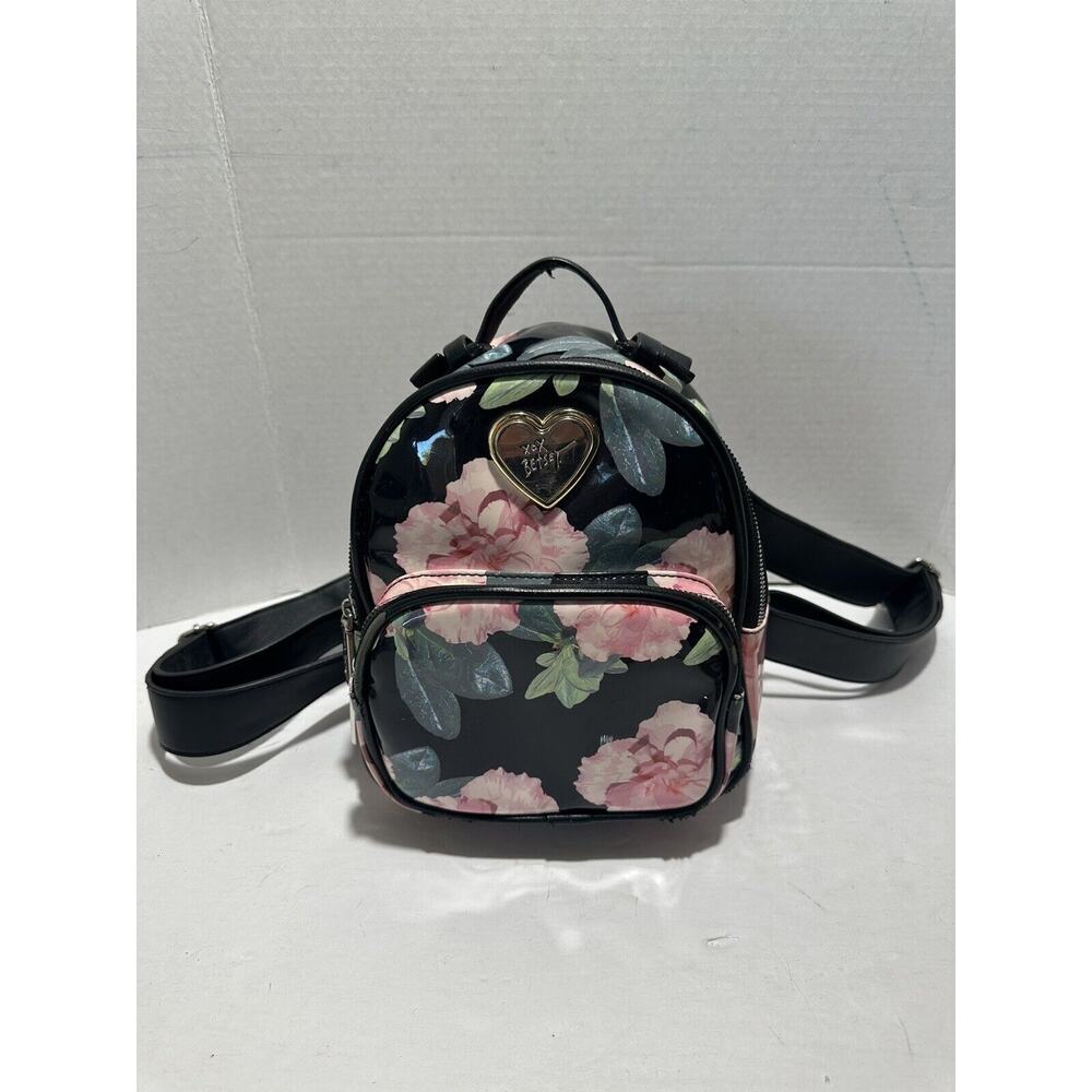 Betsey Johnson Black Pink Floral Small Logo Backpack Bag Valentines Day Glossy